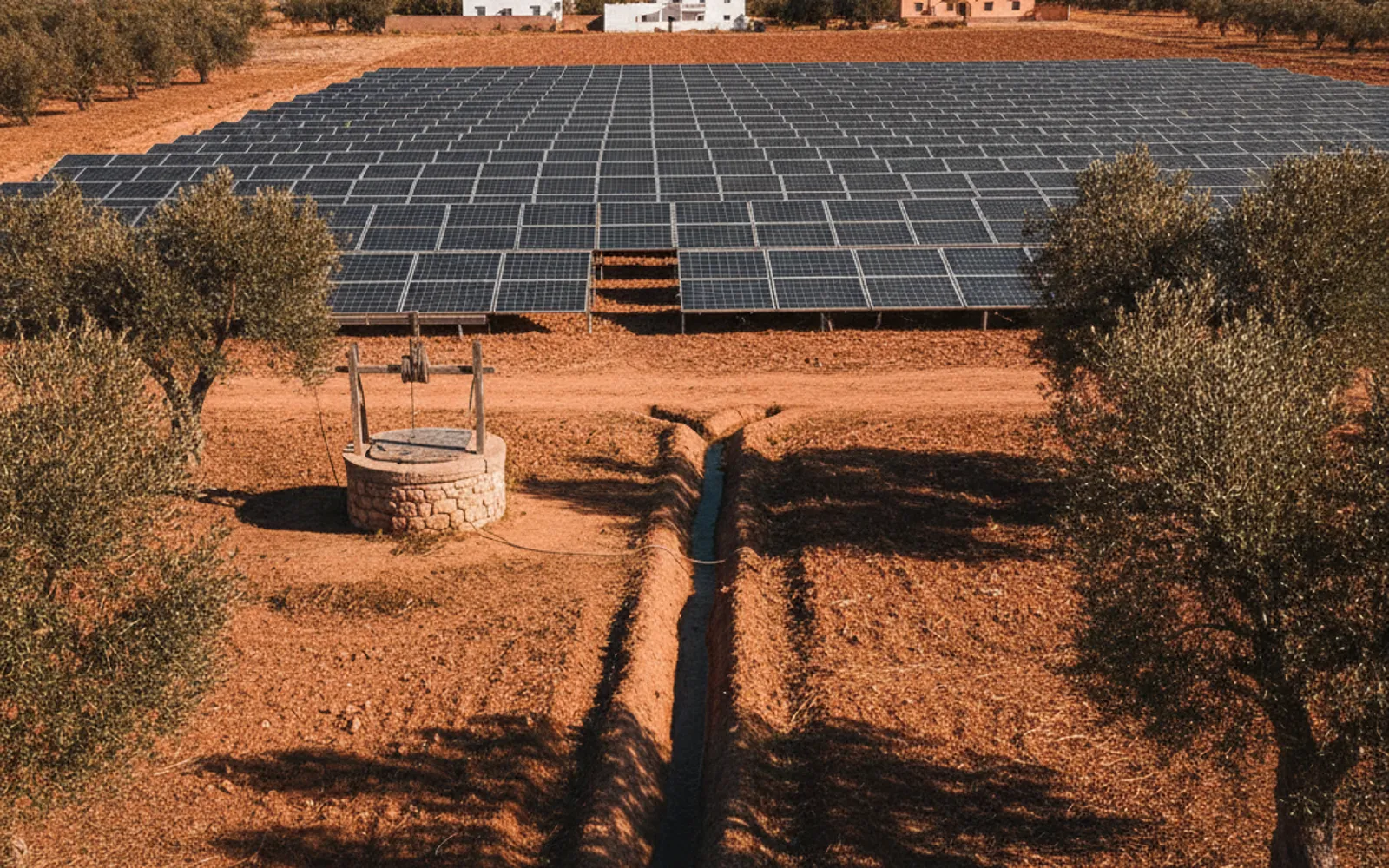 Panneaux solaires alimentant une pompe de puits dans une exploitation agricole